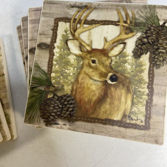 Buck Deer Antlers Coasters Set of 7 Ceramic Wildlife Hunting Lodge Cabin Cork - Picture 3 of 7